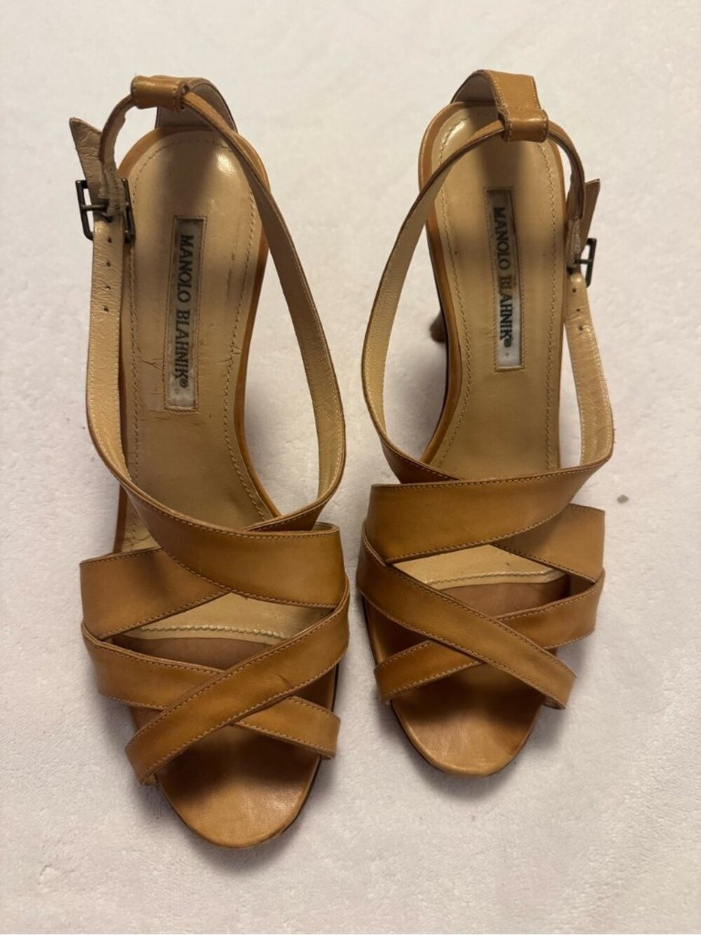 Manolo Blahnik Cognac Leather Crisscross Slingback Heels Sz 9